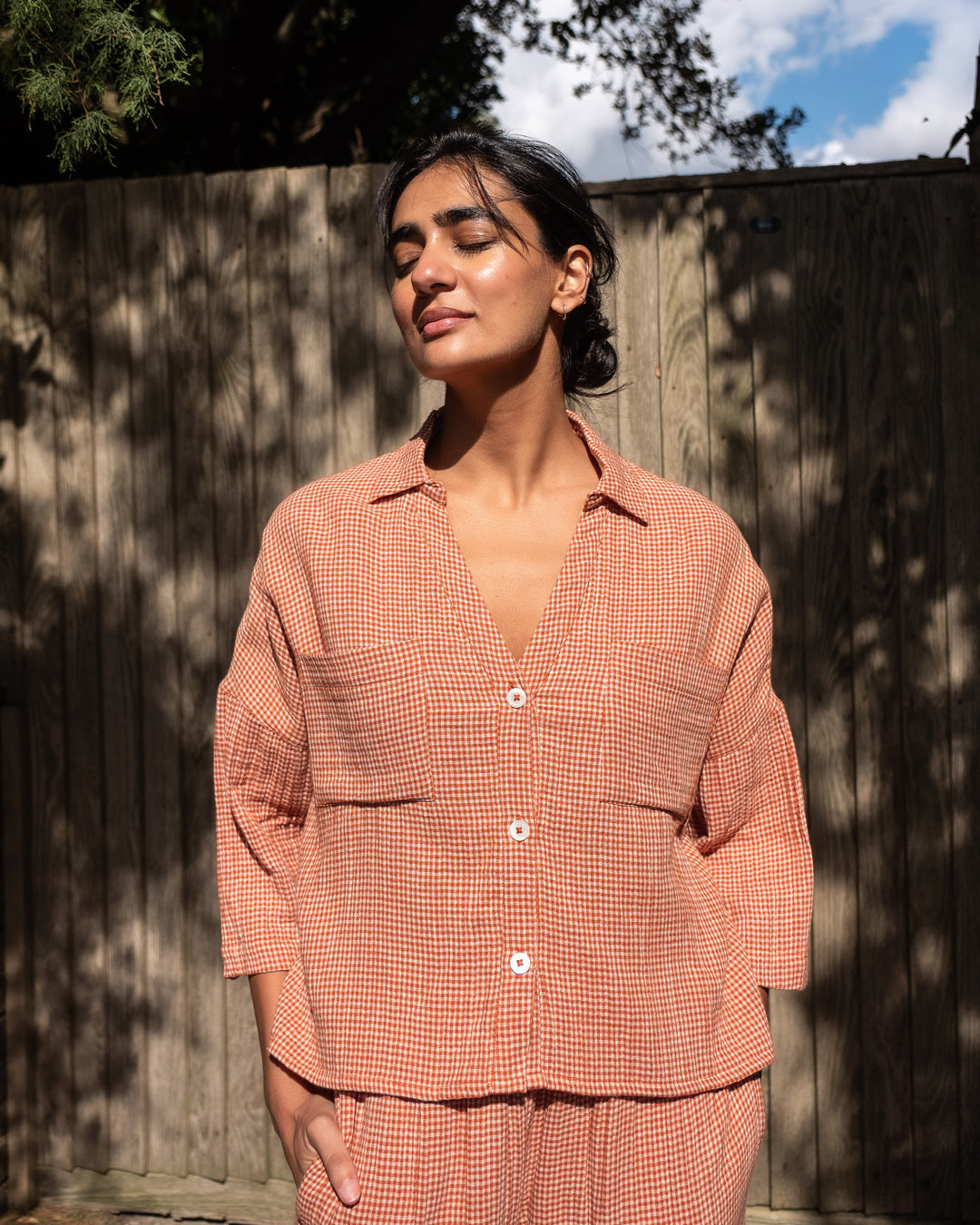 Ava Rust & White Check Cotto Blouse | Cropped Oversized Shirt with
