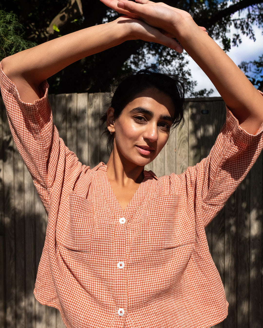 Ava Rust & White Check Cotto Blouse | Cropped Oversized Shirt with