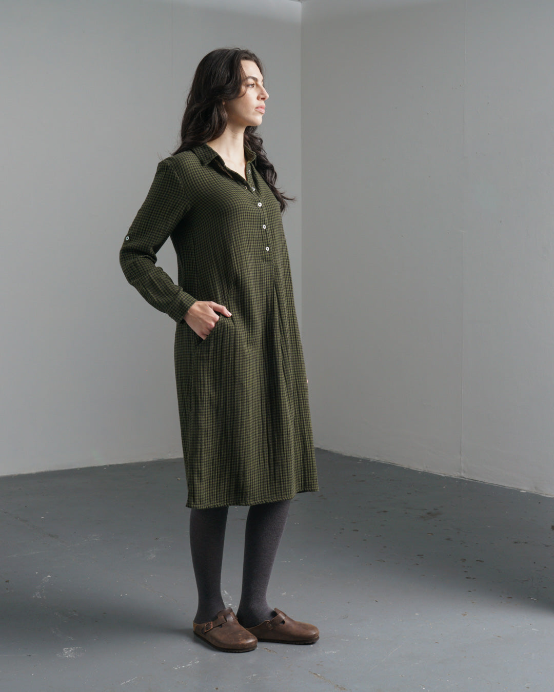 Alexa Shirt Dress  Olive & Black Check Cotton Shirt Dress with Pockets |  BIBICO
