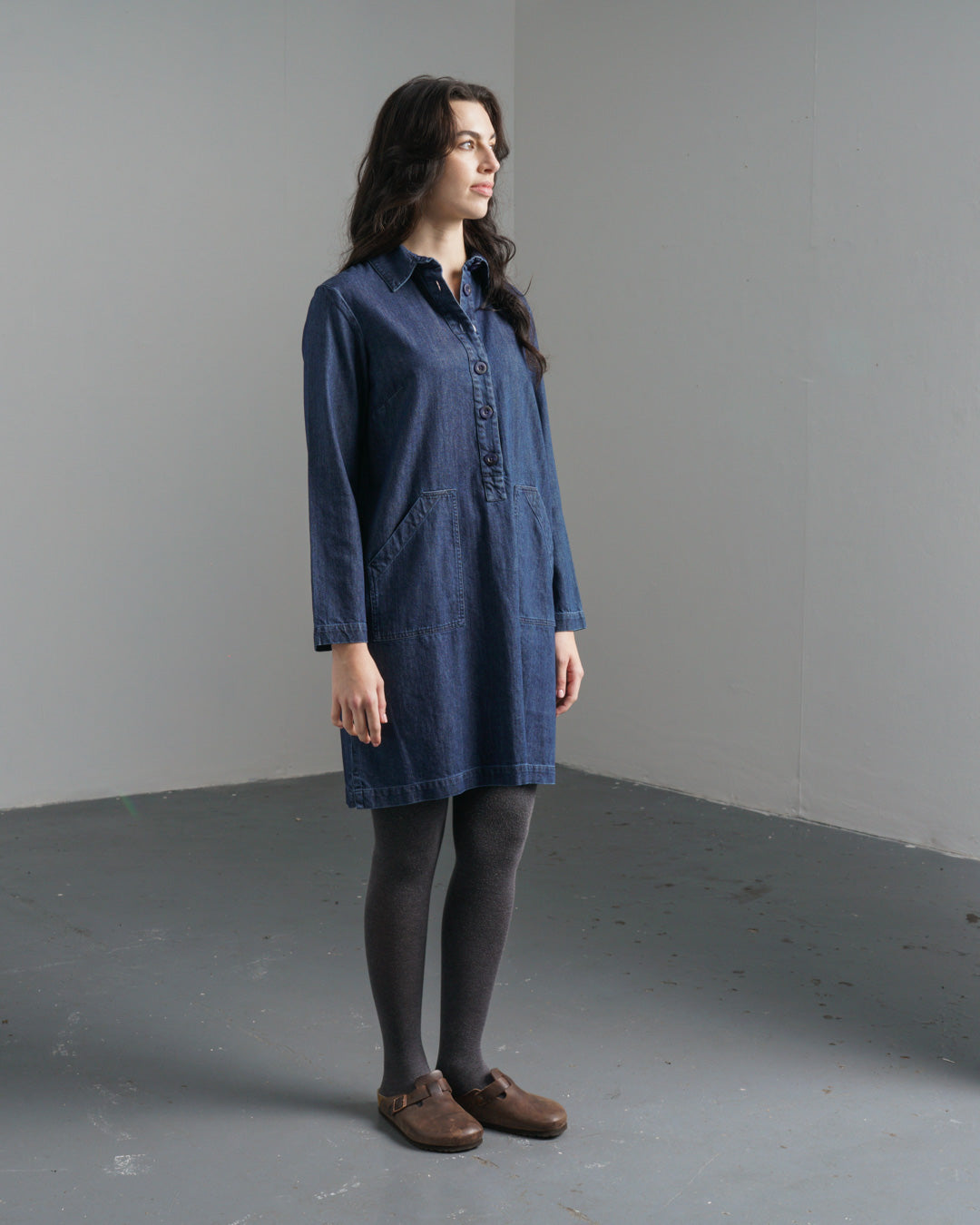 Tara Dress – Washed Denim Utility Shirt Dress with Pockets