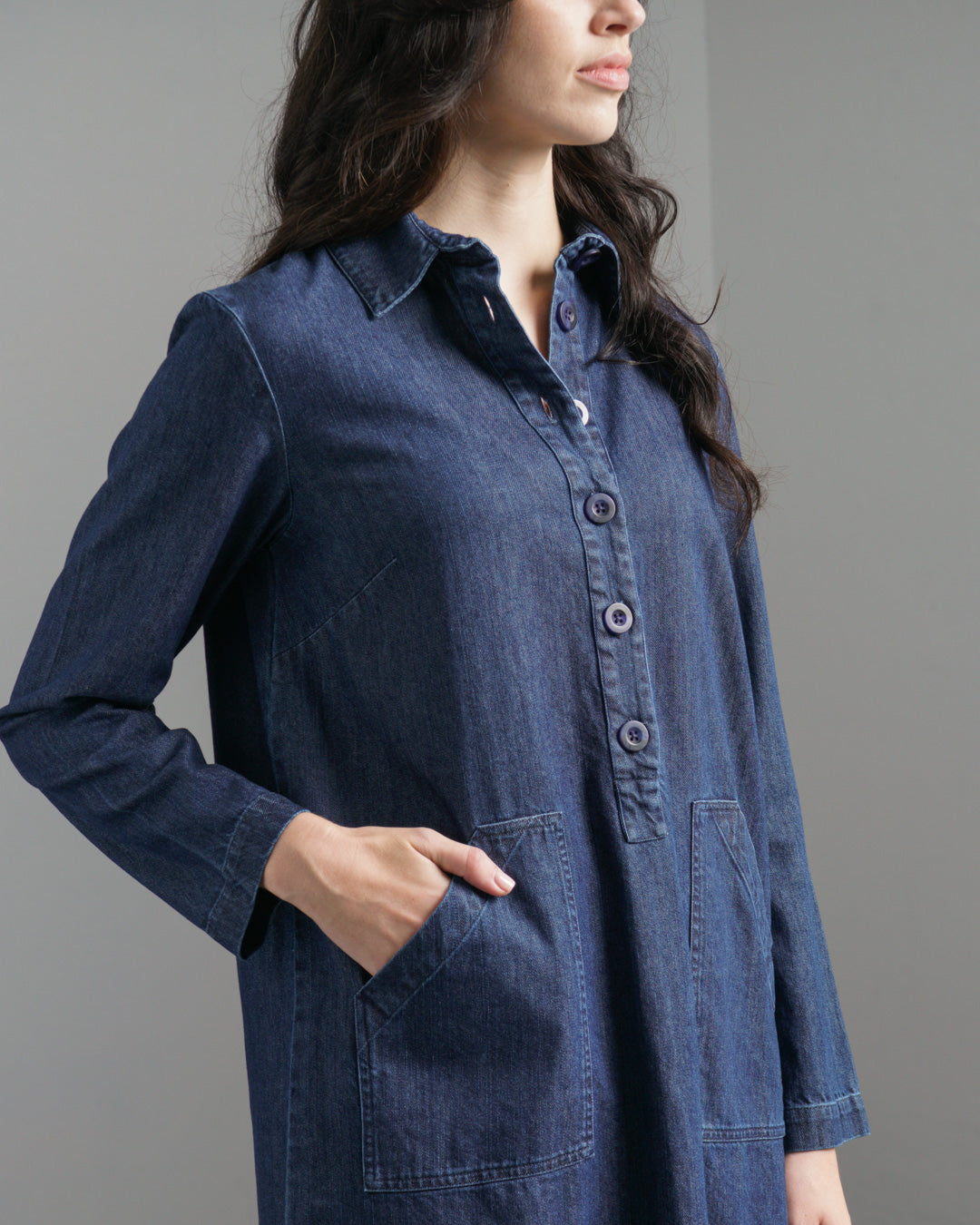 Tara Dress – Washed Denim Utility Shirt Dress with Pockets