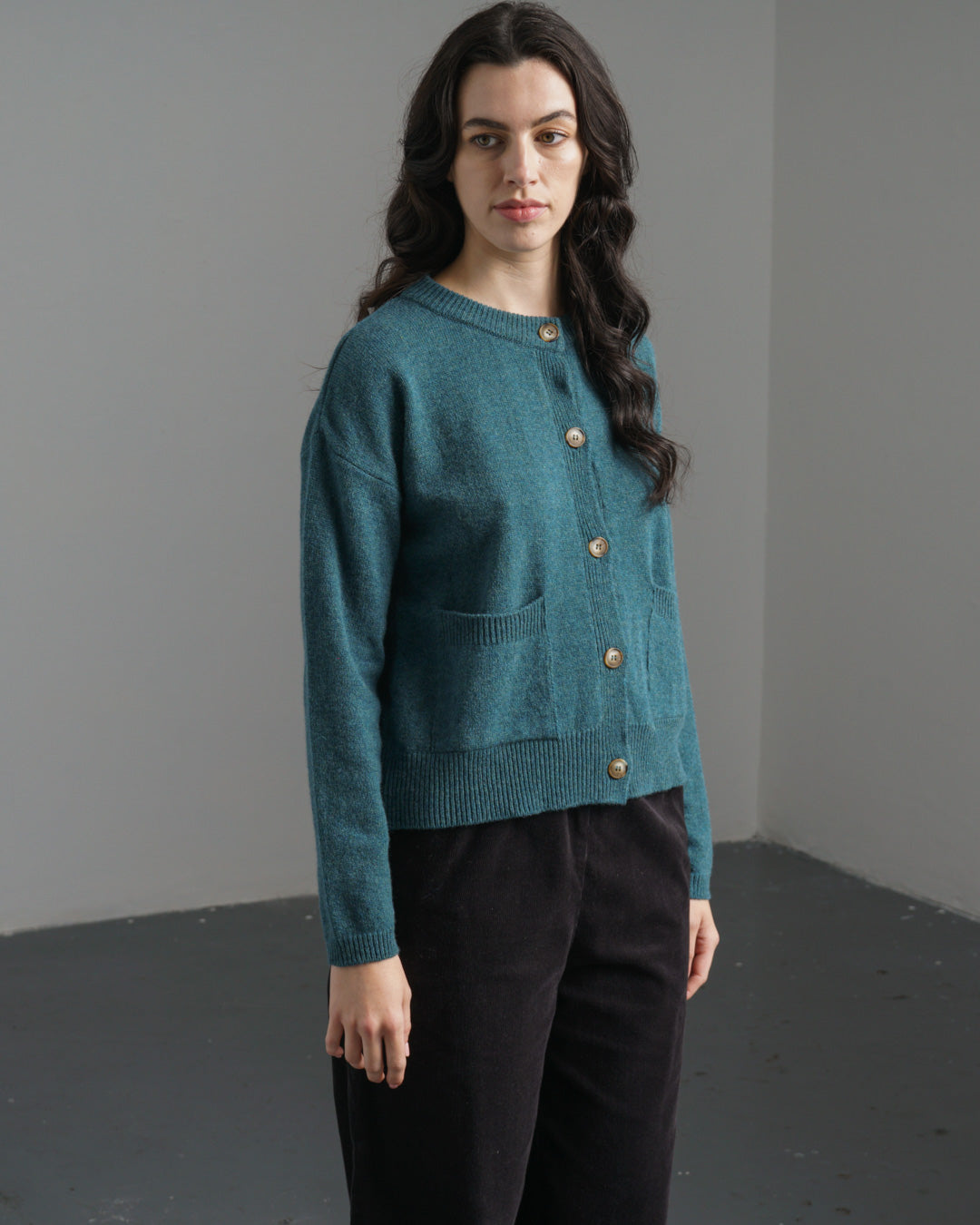 Mira Cropped Cardigan – Teal Lambswool Cardigan with Button Front