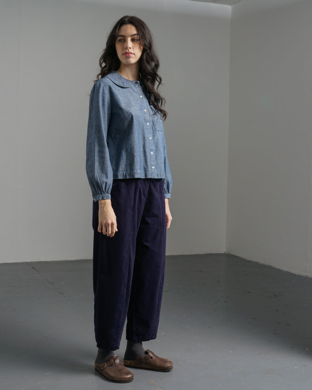Lorren Barrel Leg Trousers – Navy Corduroy Trousers with Elastic