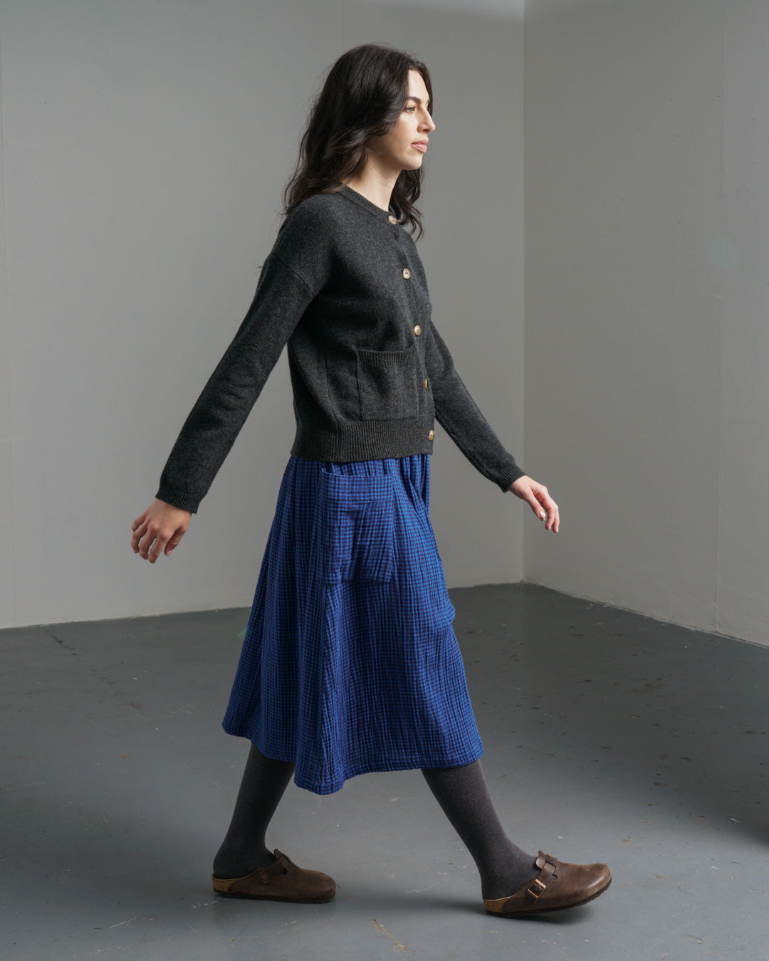 Nora Skirt – Blue Check Cotton Skirt with Elasticated Waist