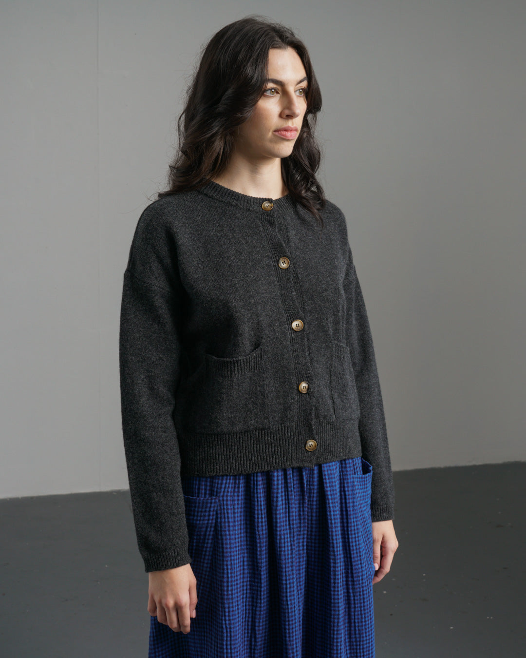 Mira Cropped Cardigan – Charcoal Grey Lambswool Cardigan with