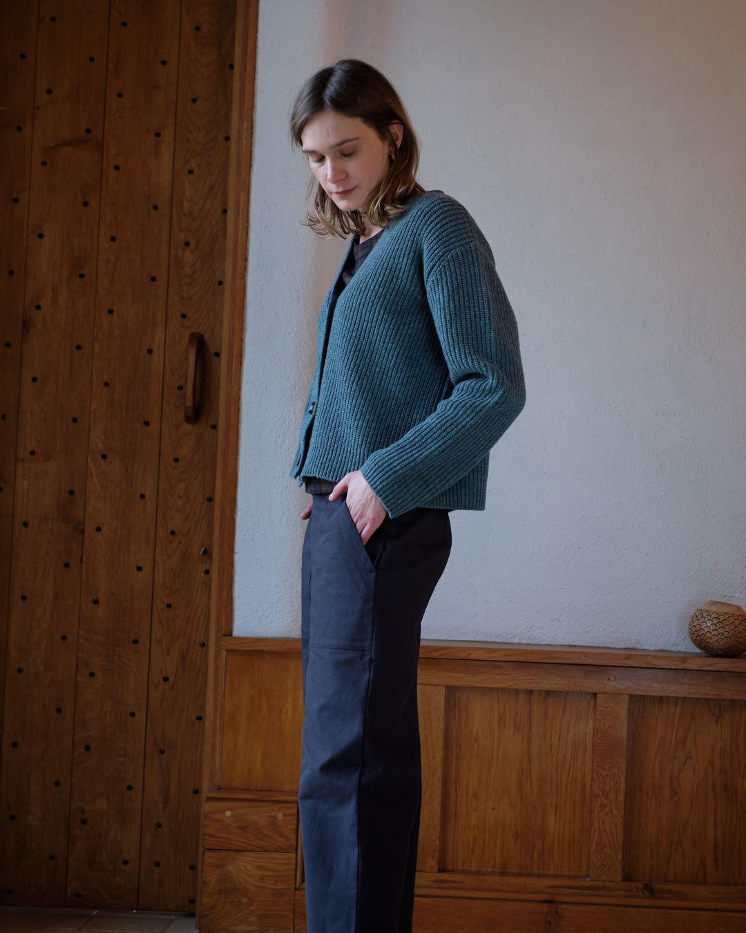 Amita Blue Ribbed Pure Wool Cardigan | By BIBICO