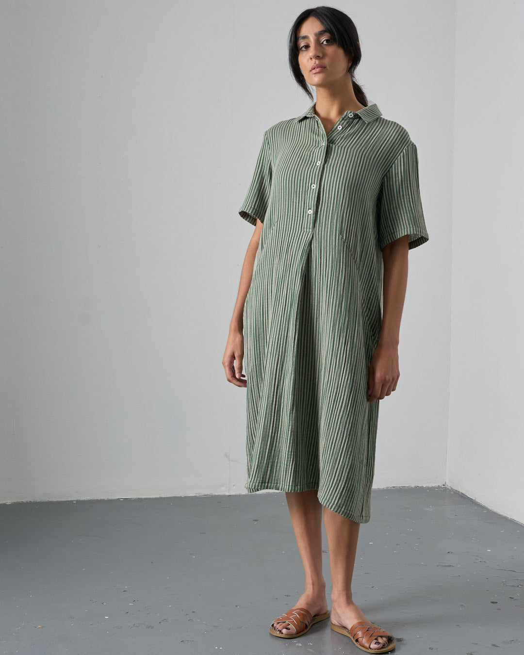 Alexa Cotton Gauze Shirt Dress | Green & Ecru Stripe Midi Dress