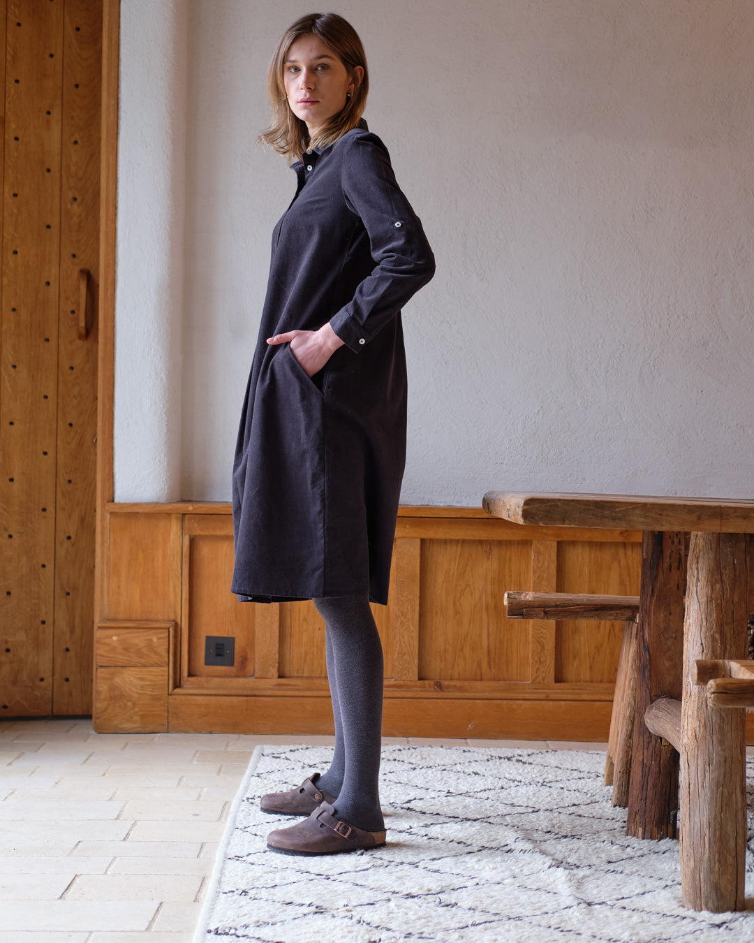 Alexa Grey Cord Shirt Dress | By BIBICO