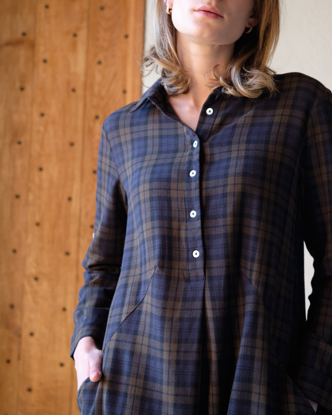 Alexa Navy Green Checked Shirt Dress By BIBICO