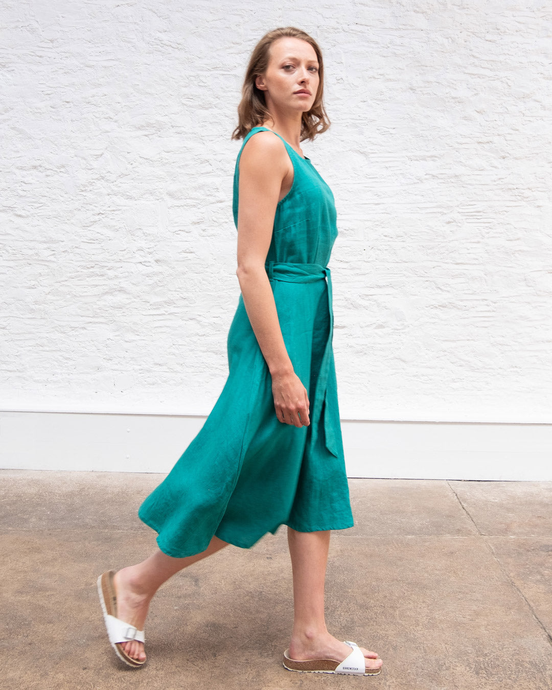 linen swing dress Grace Jade Coloured Sleeveless Size:42 Reg dress for occasion Evening Gown Johnny Was