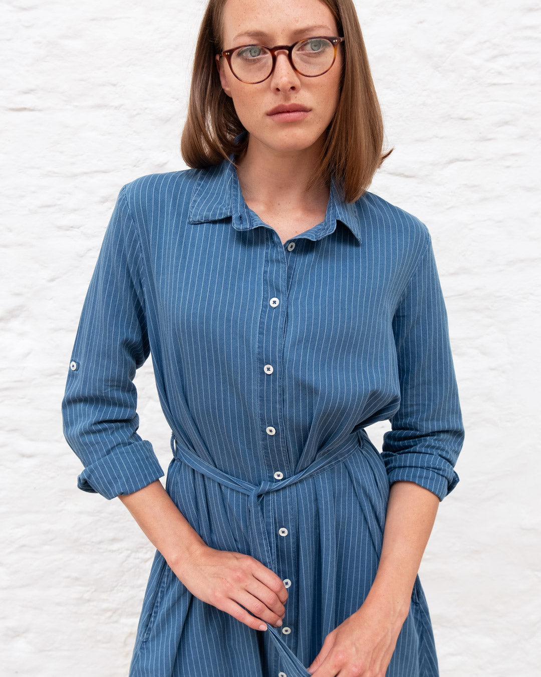 Rita Denim Striped Midi Length Shirt Dress With Belt By BIBICO