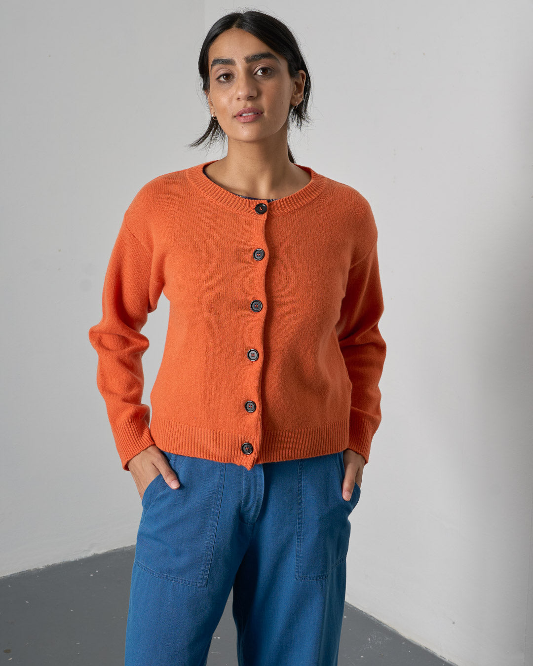 Eva Orange Merino Lambswool Crew Neck Cardigan | By BIBICO