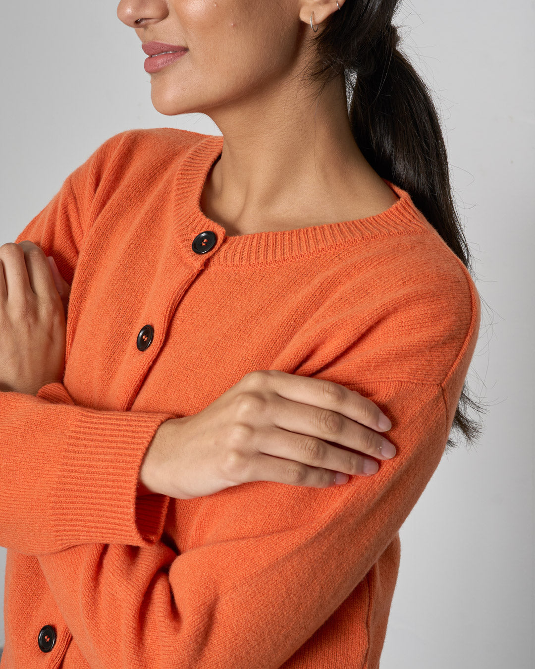 Eva Orange Merino Lambswool Crew Neck Cardigan | By BIBICO