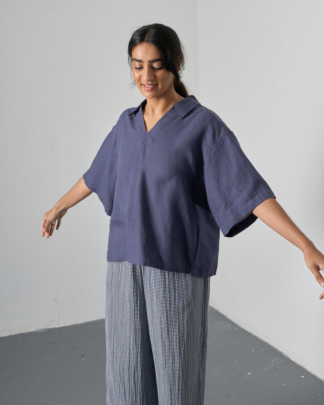 Alina Navy Relaxed Pure Linen Shirt Top | By BIBICO