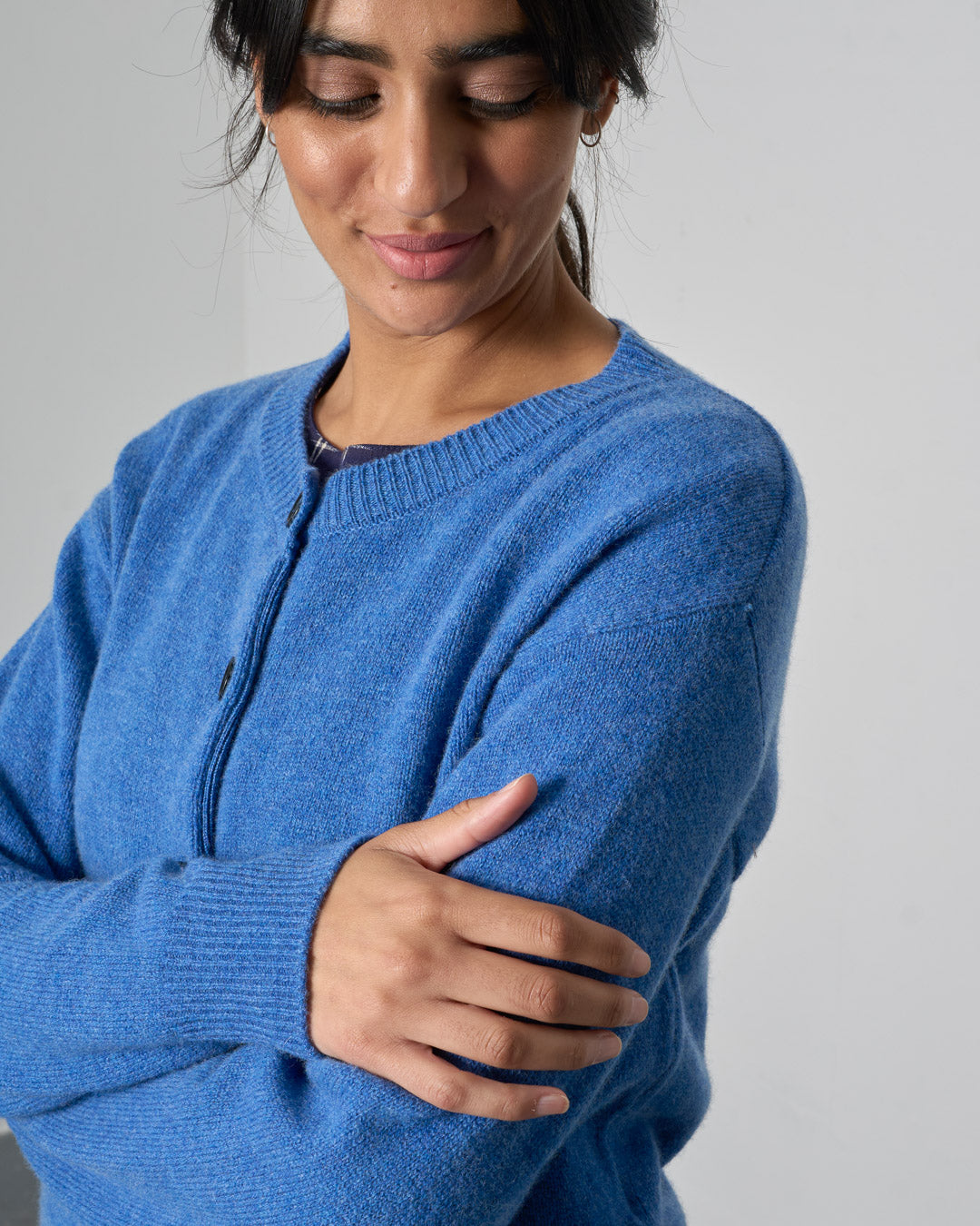 Eva Blue Merino Lambswool Crew Neck Cardigan | By BIBICO