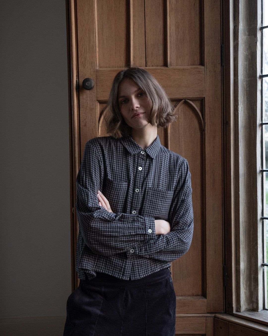 Ada Cropped Blouse – Boxy Grey Checked Cotton Shirt with Pockets