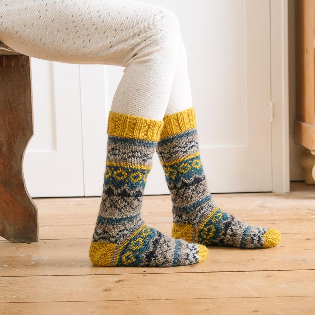 Hana Fair Isle Knitted Pure Wool Socks Yellow | by BIBICO