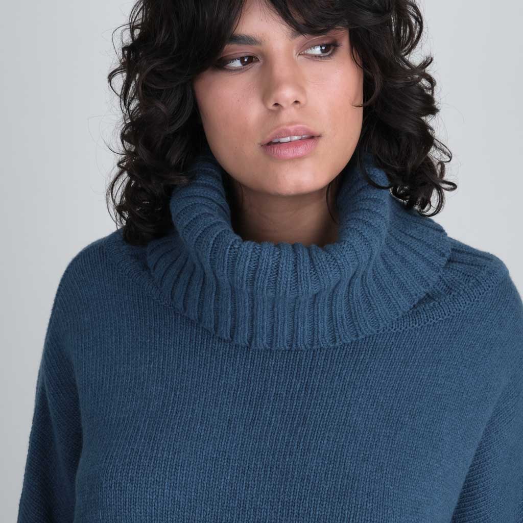 Adela Batwing Wool Jumper With Cowl Neck - Peacock Blue | by BIBICO
