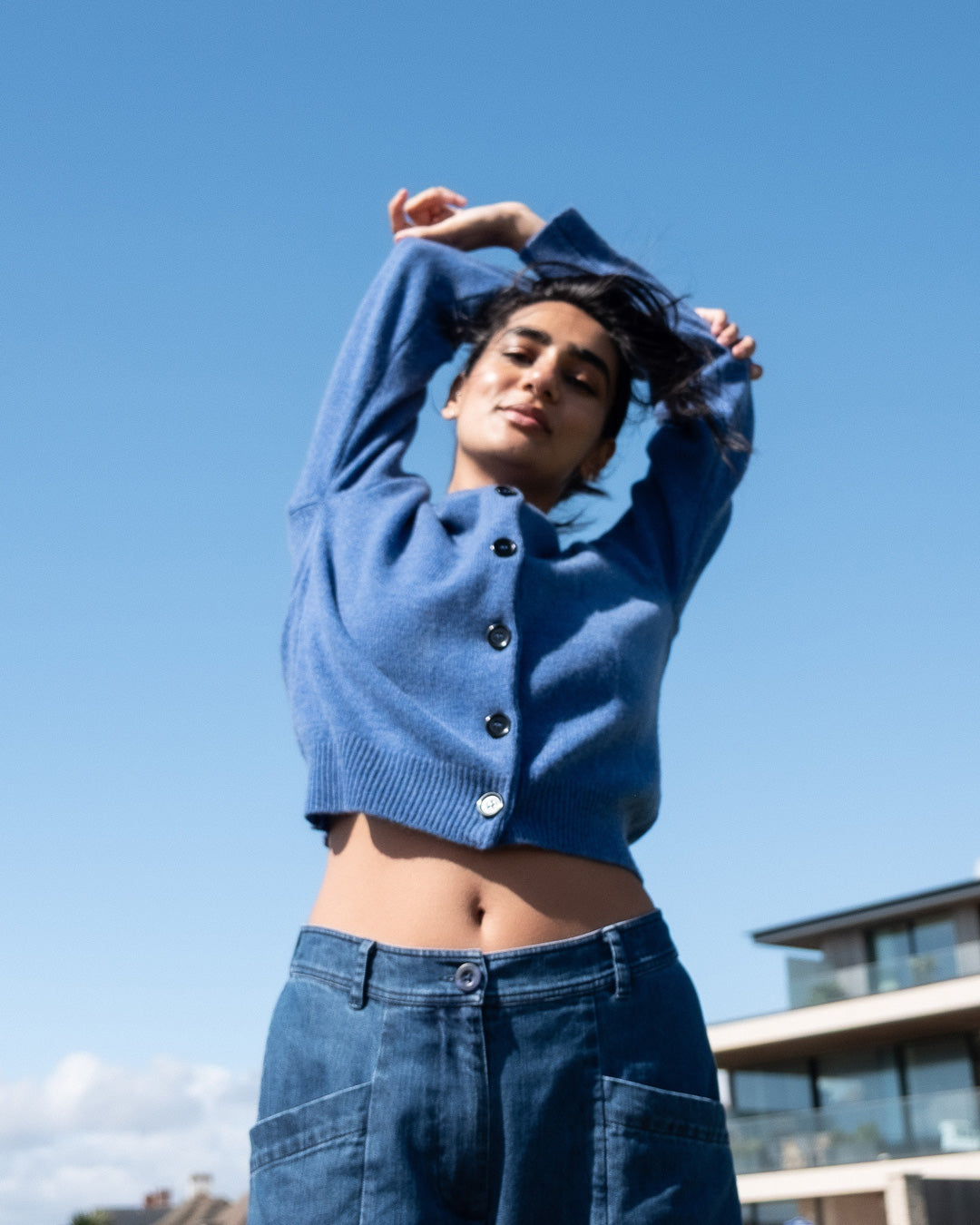Eva Blue Merino Lambswool Crew Neck Cardigan | By BIBICO