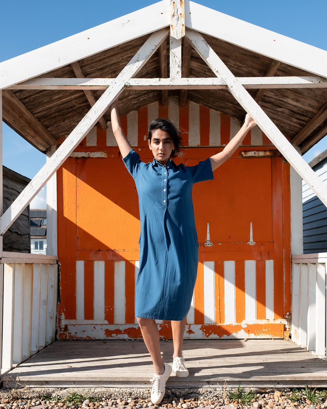 denim midi shirt dress uk Denim Gathered Angel Sleeve Midi Shirt Dress - Sky Denim