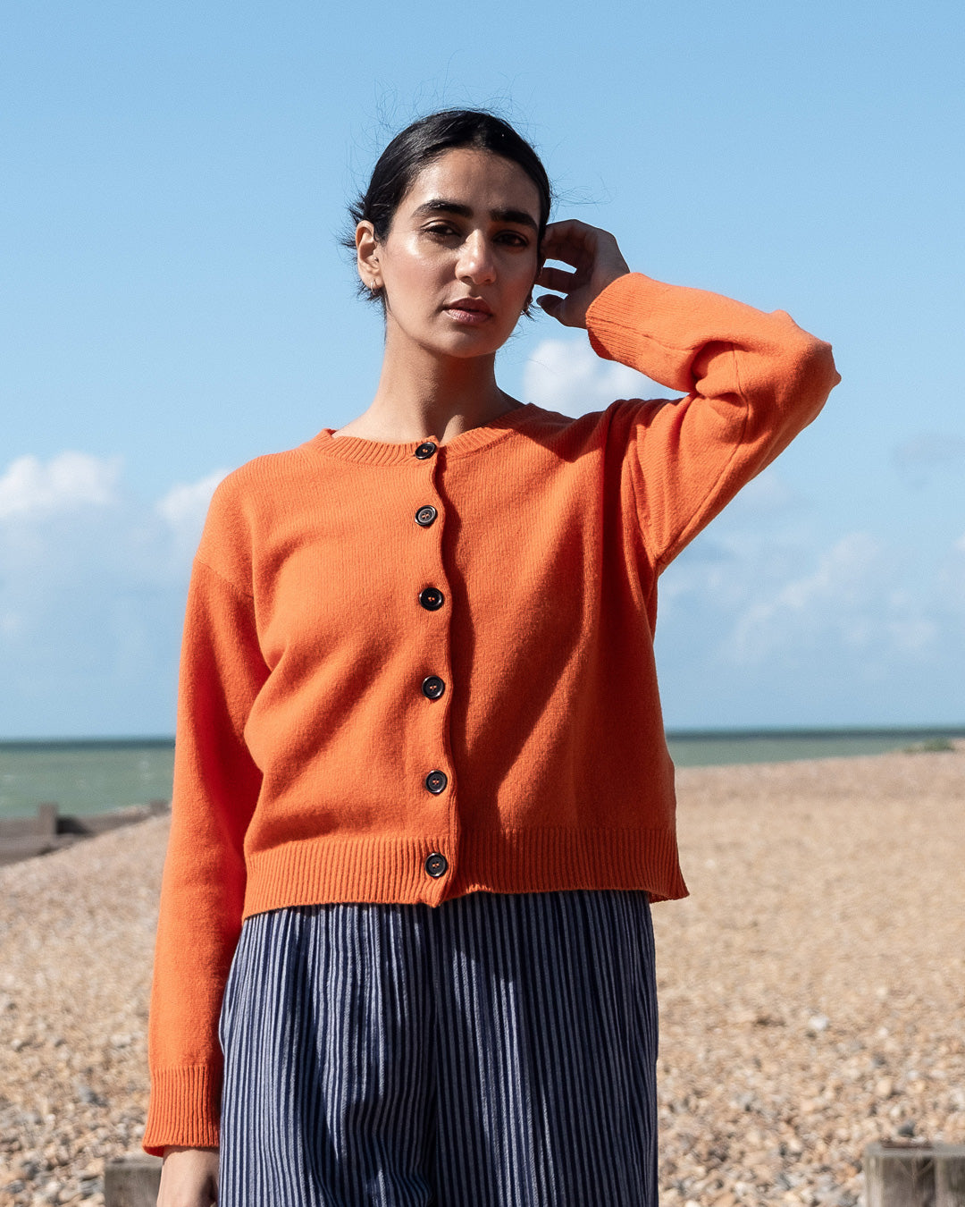 Eva Orange Merino Lambswool Crew Neck Cardigan | By BIBICO