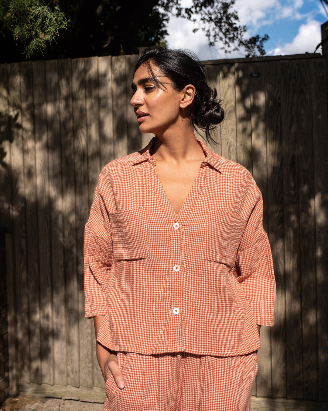 Ava Rust & White Check Cotto Blouse | Cropped Oversized Shirt with