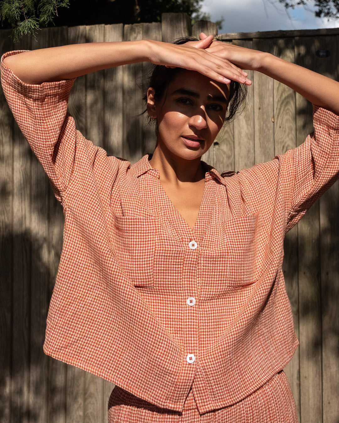 Ava Rust & White Check Cotto Blouse | Cropped Oversized Shirt with