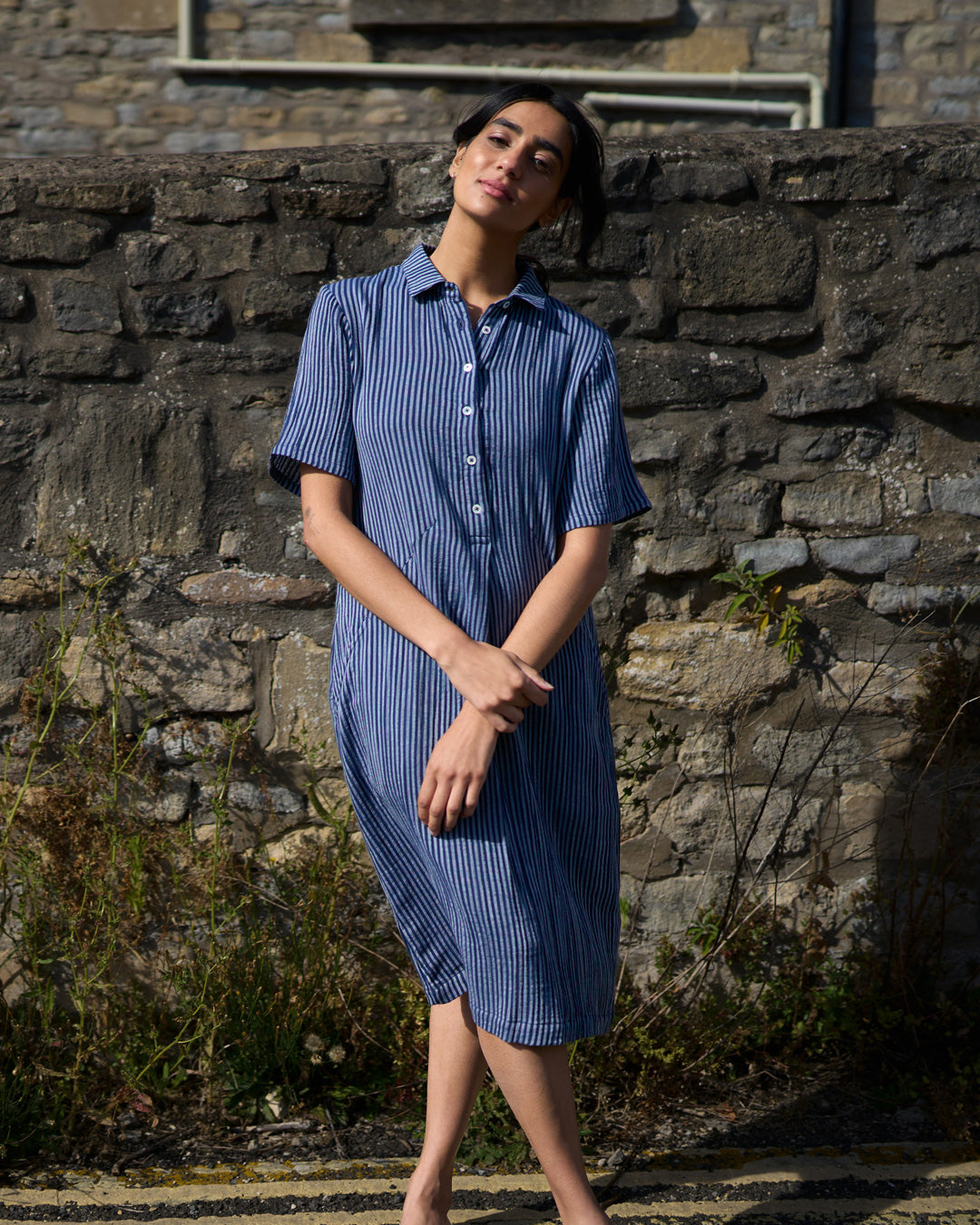 Alexa Cotton Gauze Shirt Dress | Navy & Ecru Stripe Midi Dress