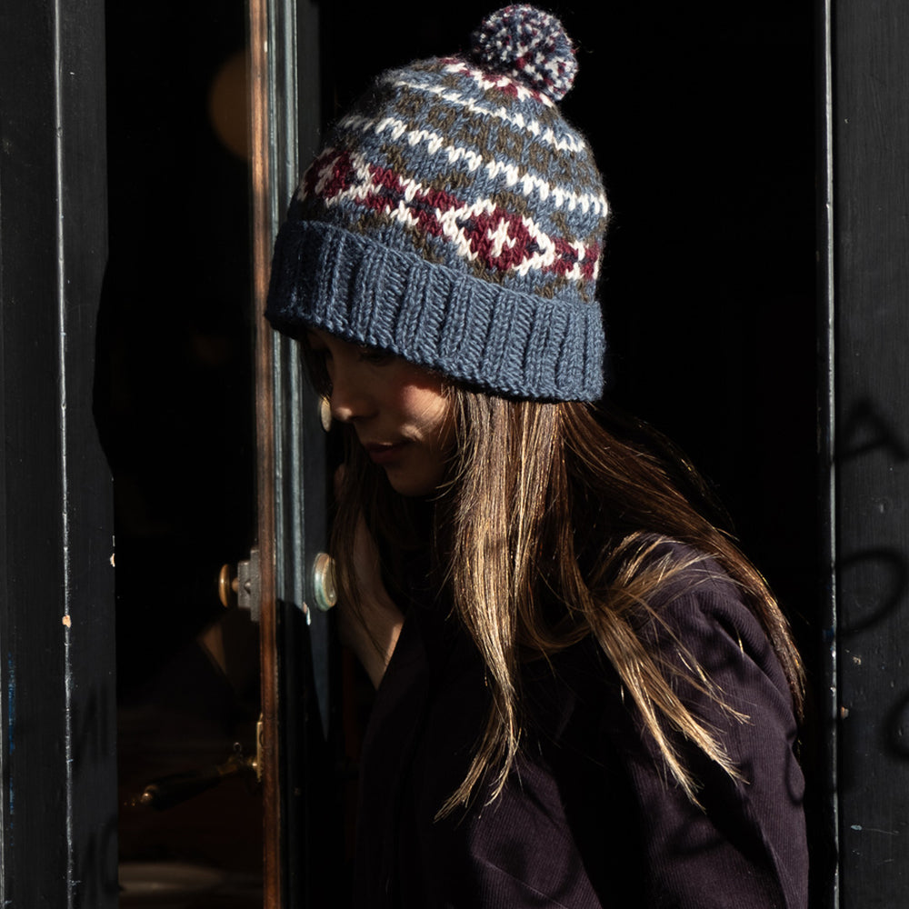 Fern Fair Isle Bobble Hat in Blue