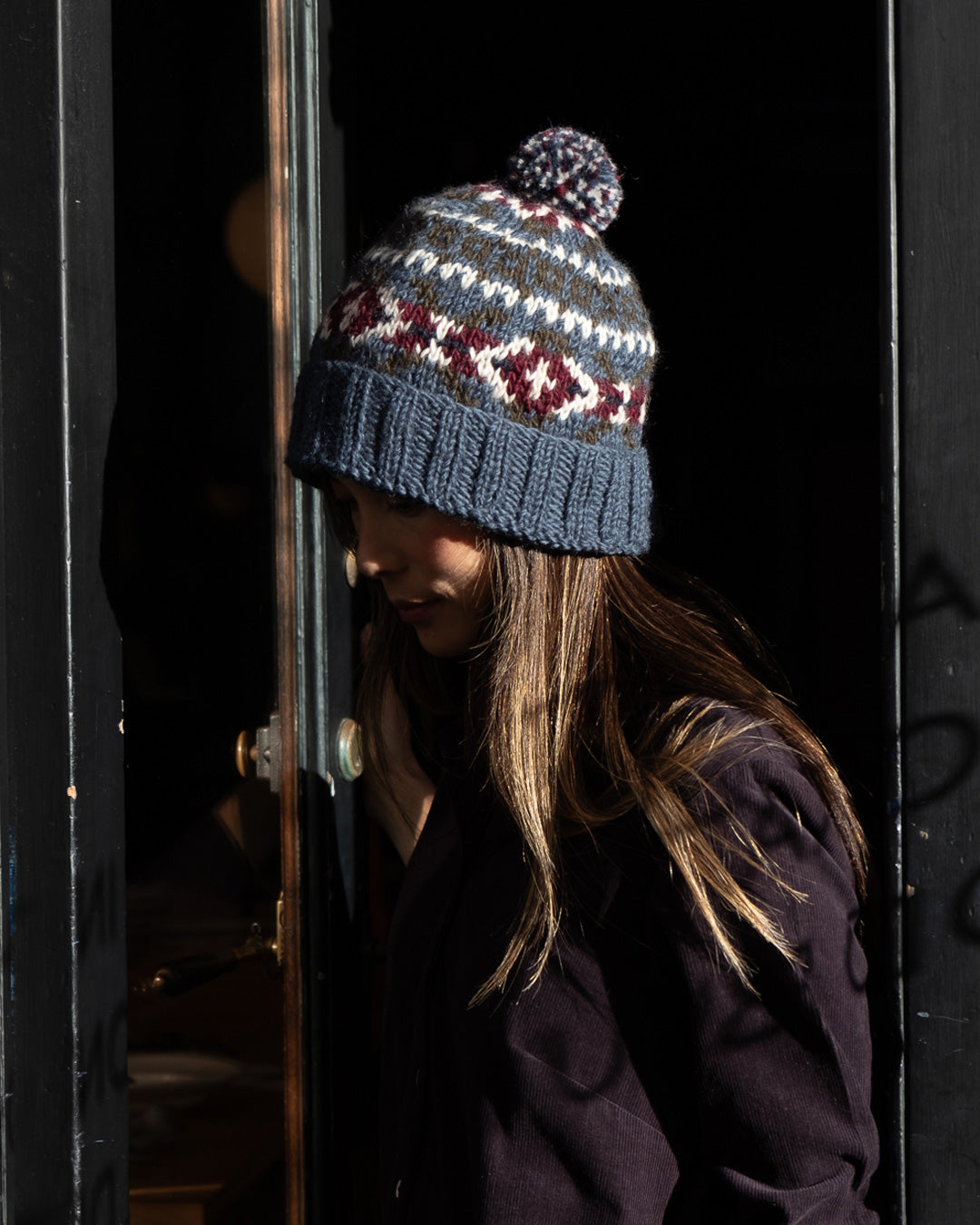 Fern Fair Isle Bobble Hat in Blue