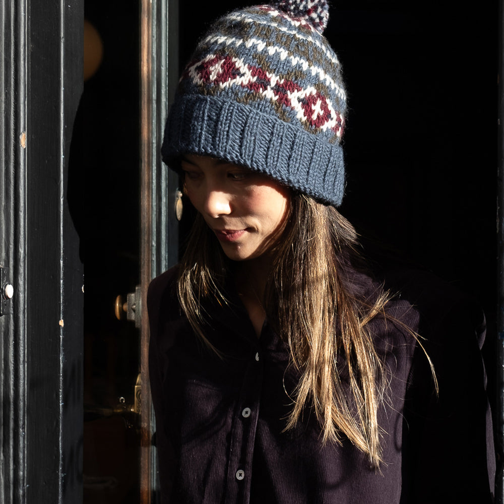 Fern Fair Isle Bobble Hat in Blue