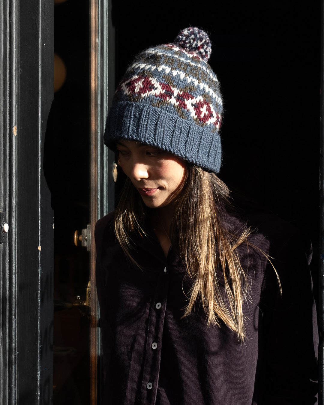 Fern Fair Isle Bobble Hat in Blue