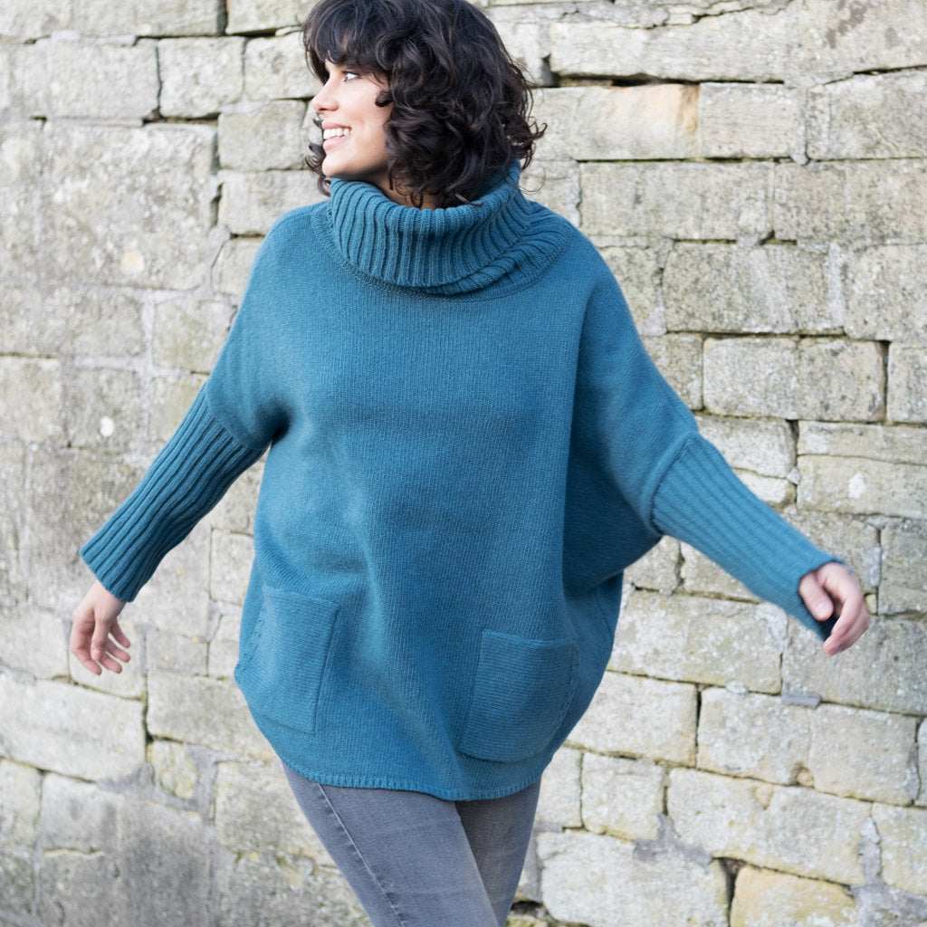 Adela Batwing Wool Jumper With Cowl Neck - Peacock Blue