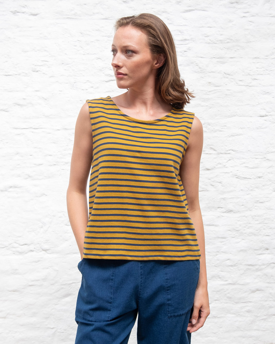 Alma Mustard & Navy Striped Organic Cotton Tanks Top By BIBICO
