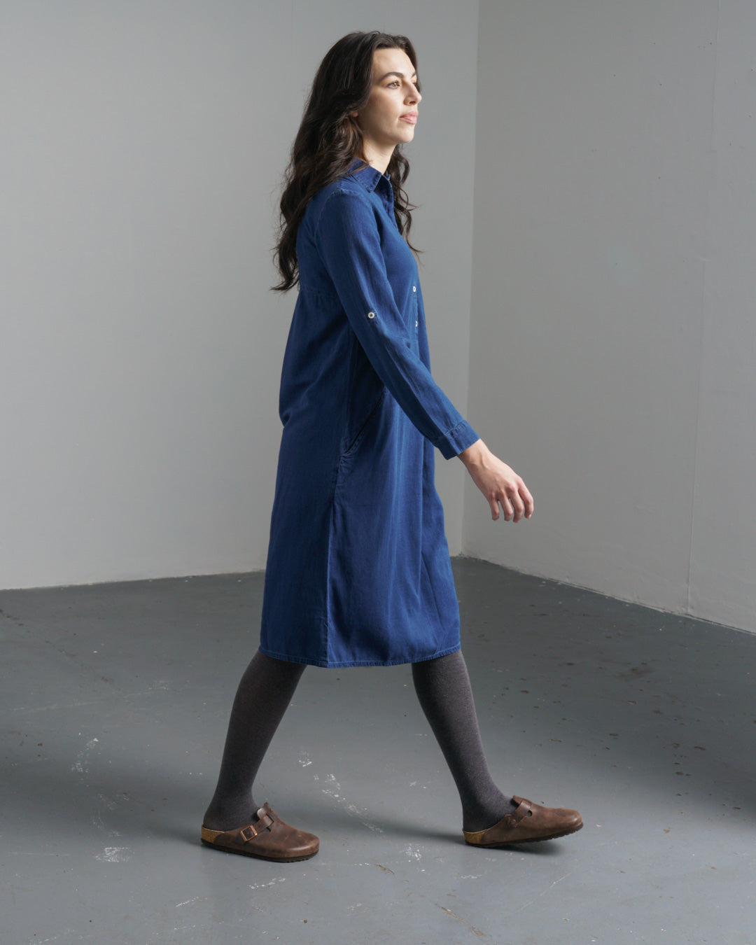 Alexa Shirt Dress – Cotton Blue Denim Long-Sleeve Shirt Dress with Pockets