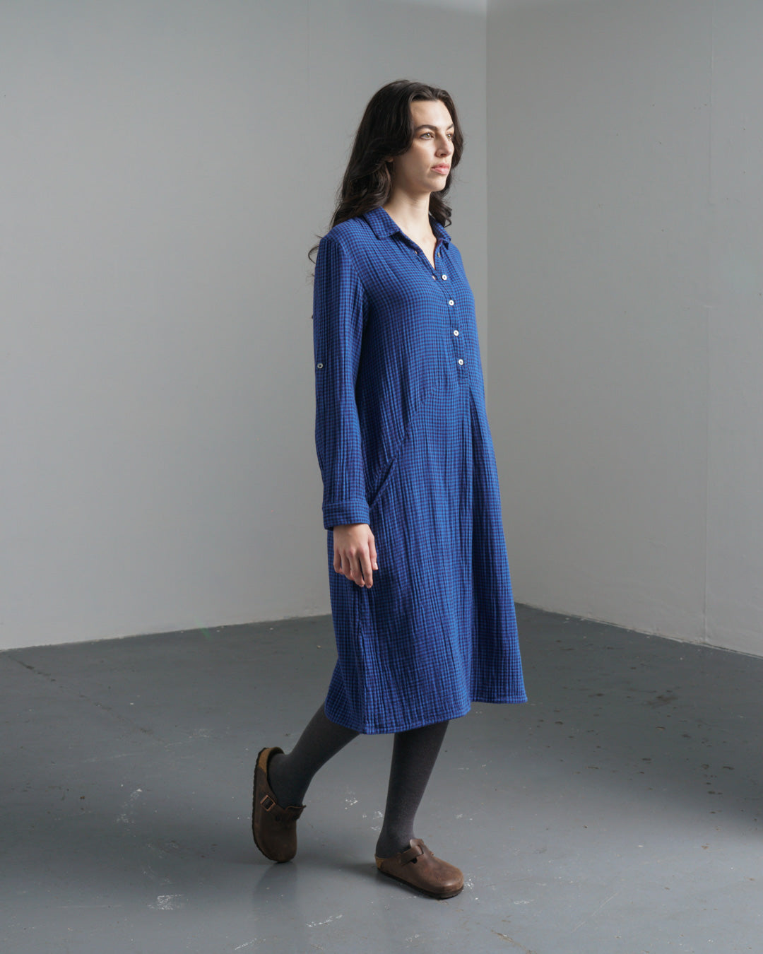 Alexa Shirt Dress – Petrol Blue & Black Check Cotton Shirt Dress