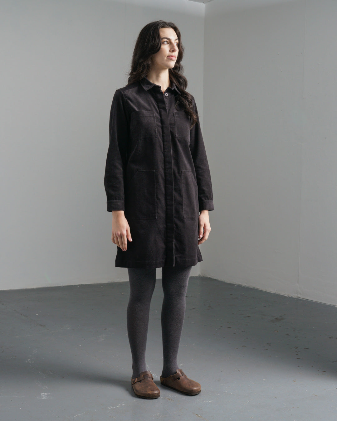 Ocean Shirt Dress Dark Grey Corduroy Shirt Dress with Pockets | BIBICO Ocean Shirt Dress Dark Grey Corduroy Shirt Dress with Pockets | BIBICO