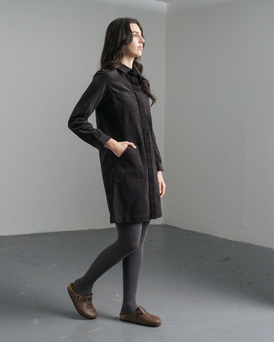 Ocean Shirt Dress Dark Grey Corduroy Shirt Dress with Pockets | BIBICO Ocean Shirt Dress Dark Grey Corduroy Shirt Dress with Pockets | BIBICO