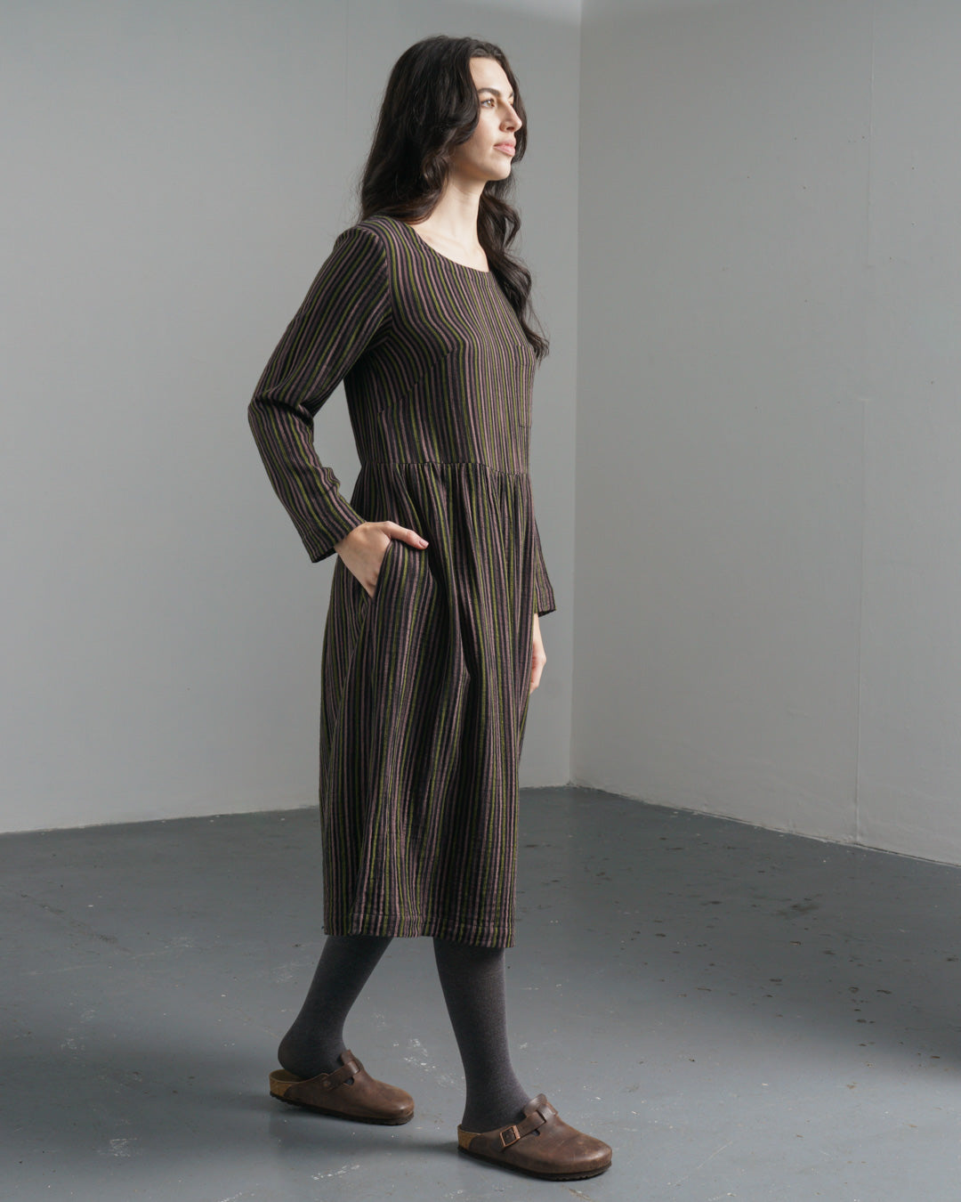 Orla Day Dress – Black Multi Stripe Cotton Dress with Chest & Side