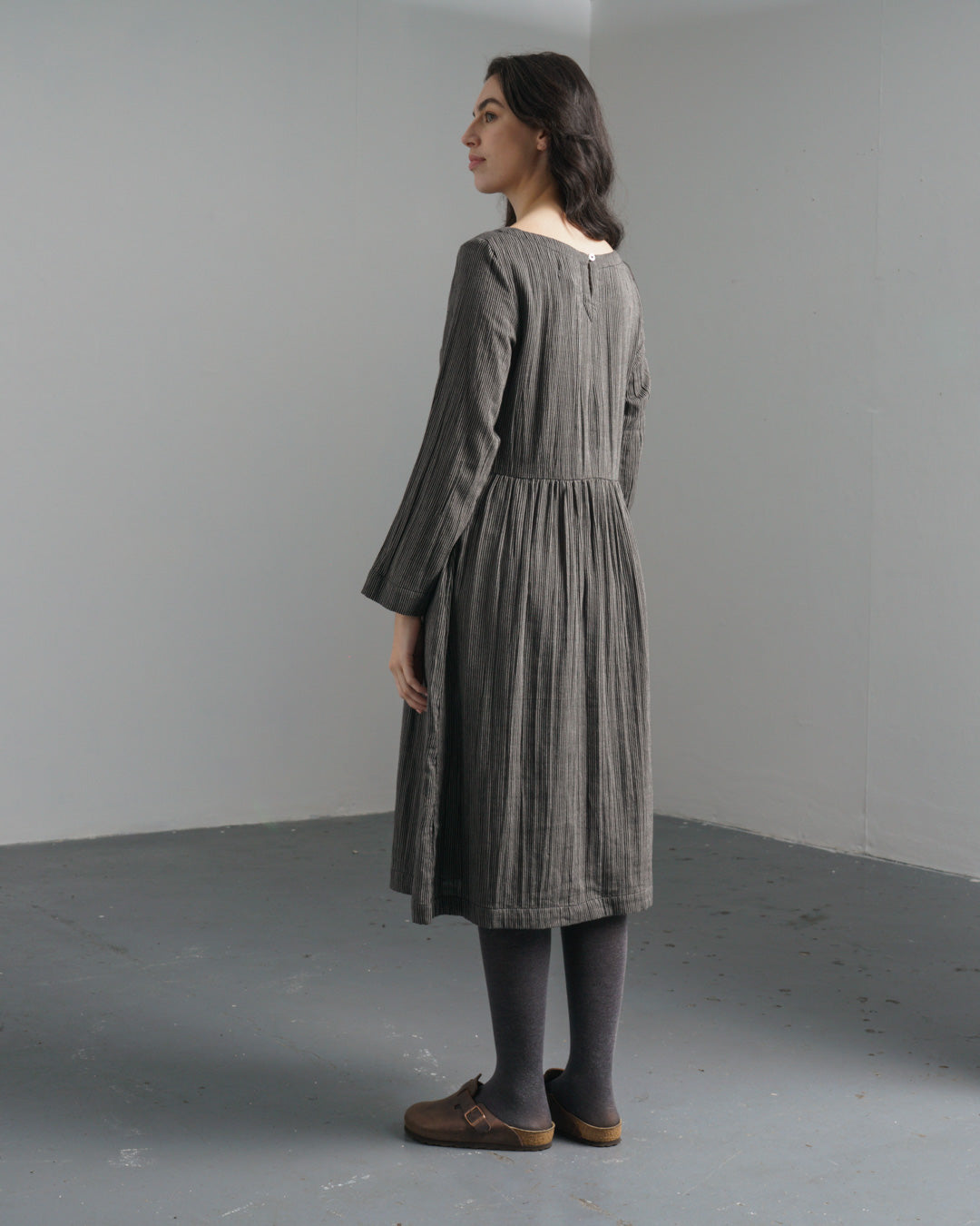 Orla Day Dress – Grey Pinstripe Cotton Dress with Chest & Side