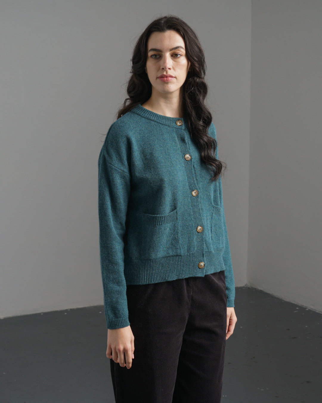 Mira Cropped Cardigan – Teal Lambswool Cardigan with Button Front