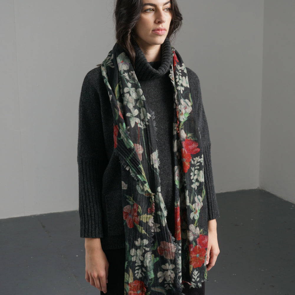 Black Floral Wool Scarf