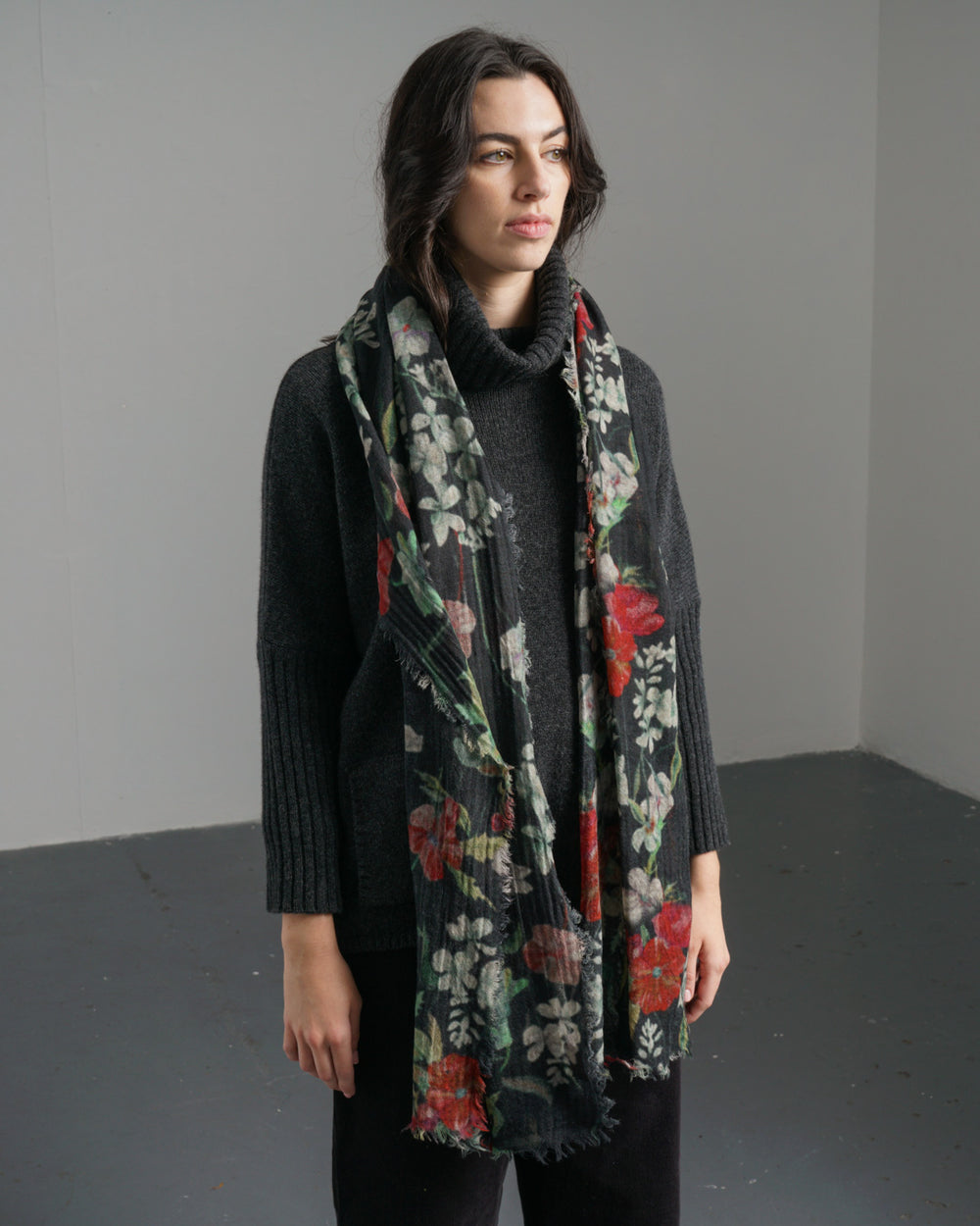Black Floral Wool Scarf