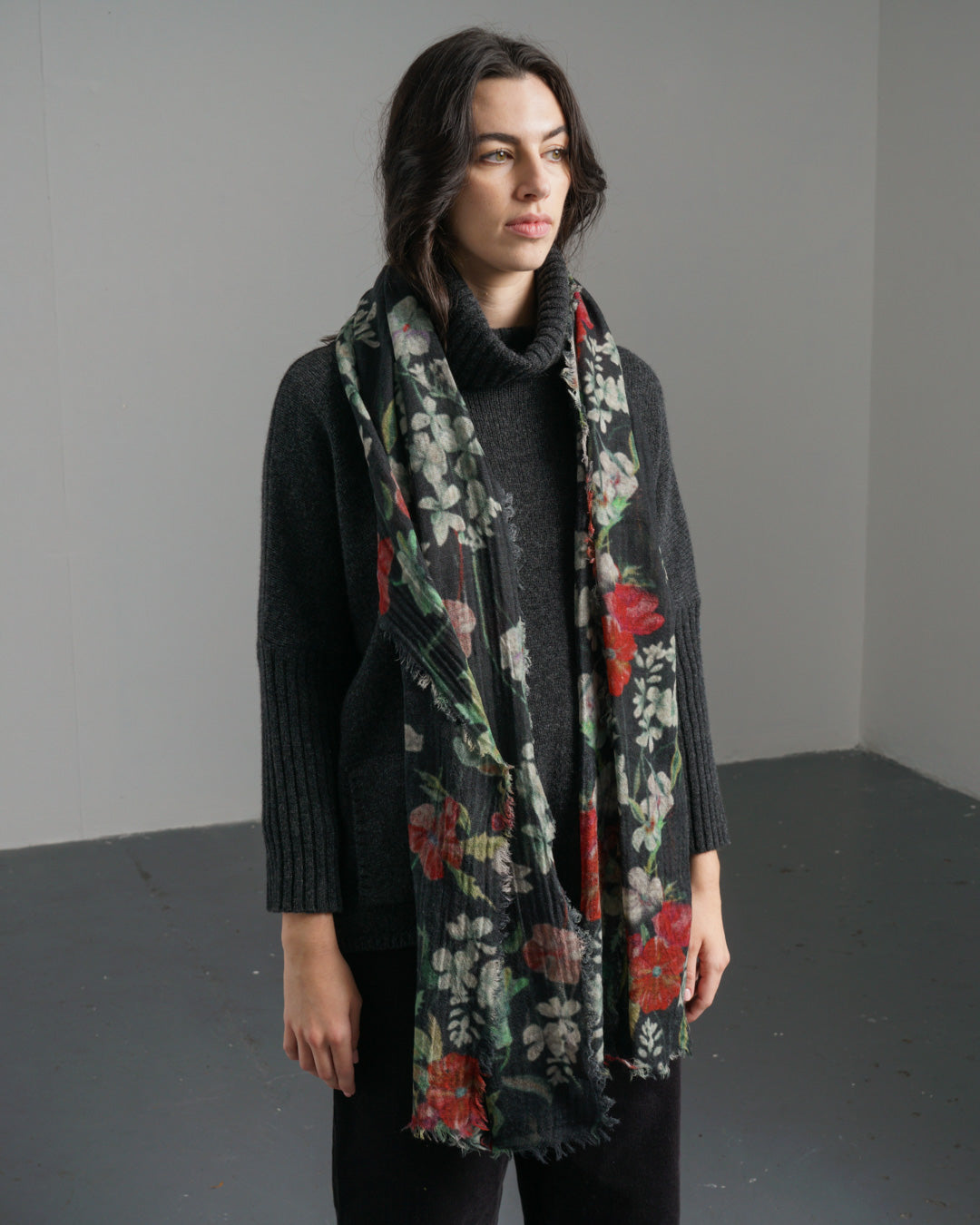 Black Floral Wool Scarf