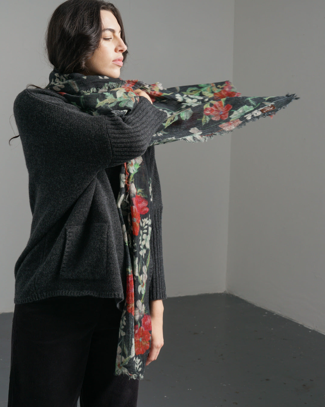 Black Floral Wool Scarf