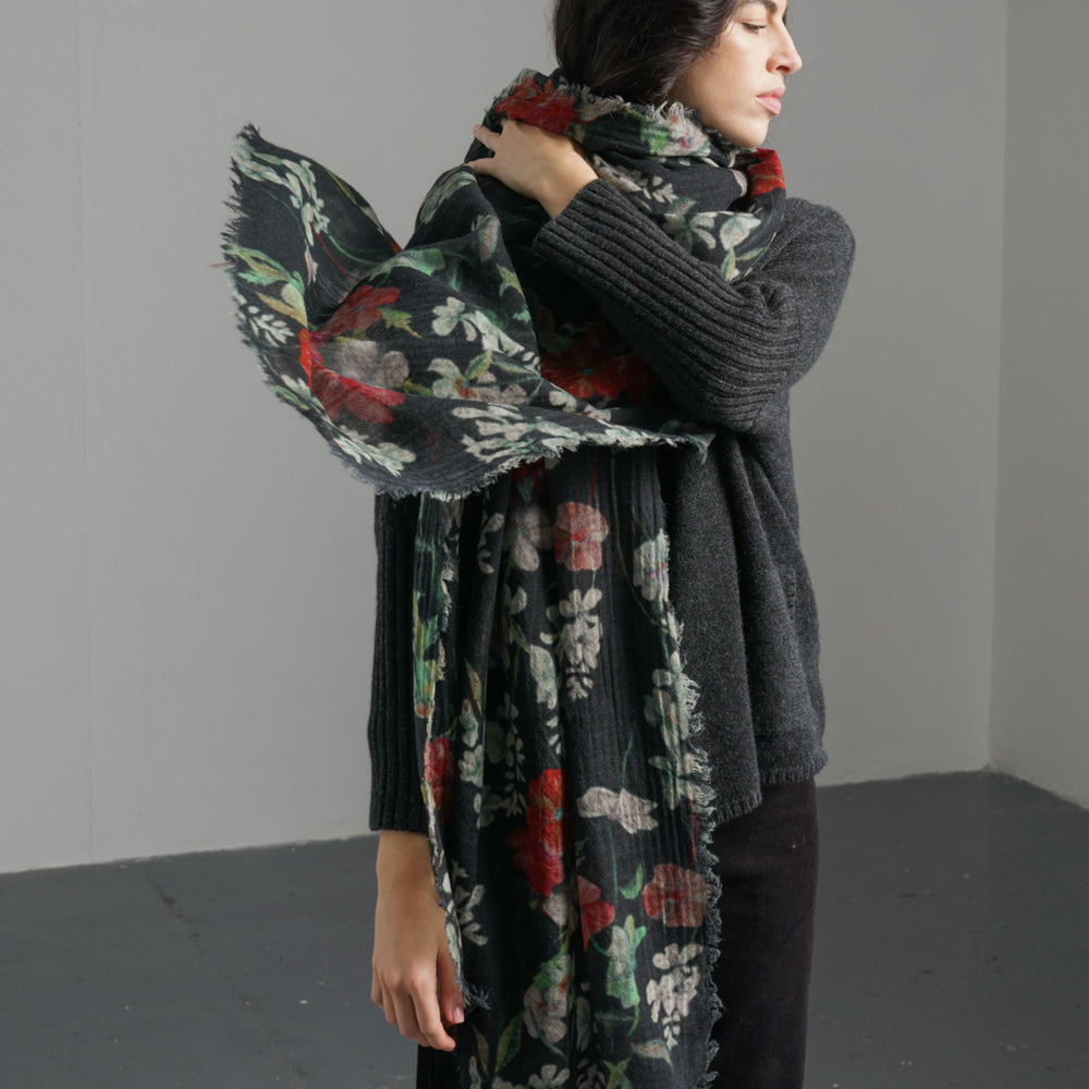 Black Floral Wool Scarf