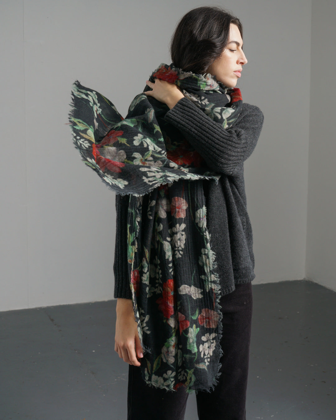 Black Floral Wool Scarf