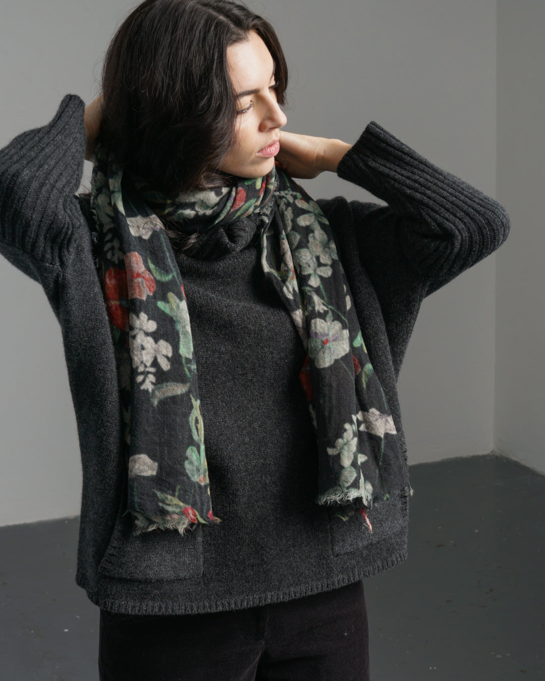 Black Floral Wool Scarf