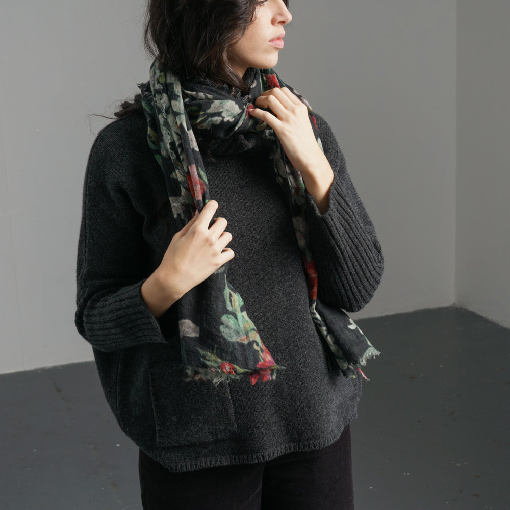 
                      
                        Black Floral Wool Scarf
                      
                    