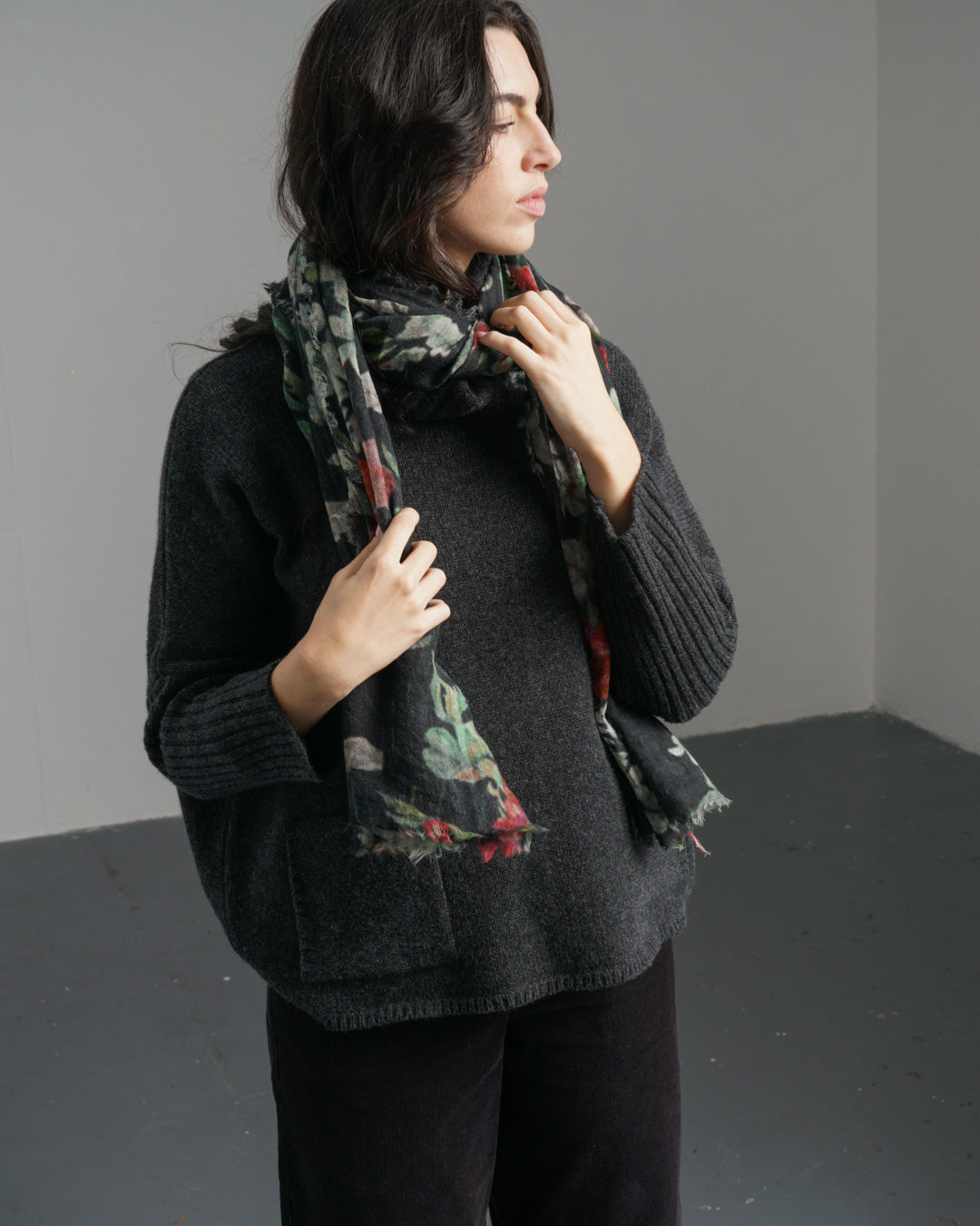 Black Floral Wool Scarf